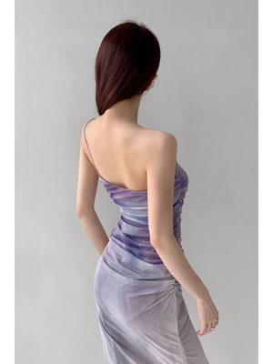 Elegant One-Shoulder Gradient Pleated Tulle Dress