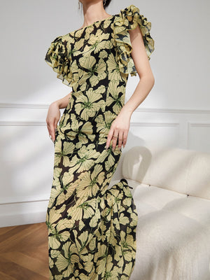 Olive Floral Ruffle Sleeve Maxi Dress