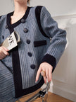 Chic Herringbone Tweed Jacket with Velvet Trim