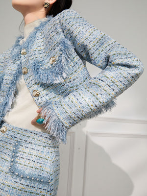 Sky Blue Tweed Fringe Coat and Shorts Set