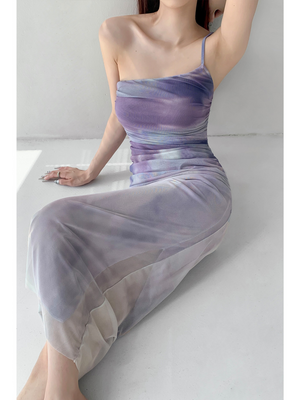 Elegant One-Shoulder Gradient Pleated Tulle Dress