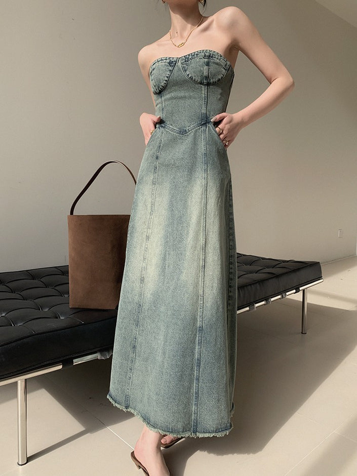 Elegant Retro Blue Denim Tube Top Dress