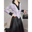 Chic Purple V-Neck Knitted Spring Pullover Tops and Skirt