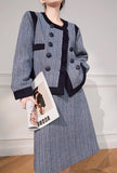 Chic Herringbone Tweed Jacket with Velvet Trim
