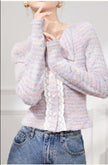Pastel Striped Knit Cardigan with Lace Trim