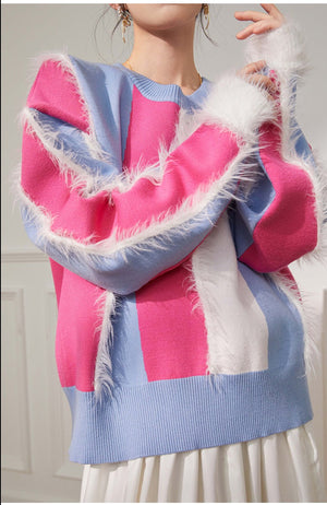 Pastel Patchwork Sweater with Chic Fuzzy