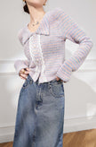 Pastel Striped Knit Cardigan with Lace Trim