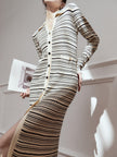 V-Neck Buttoned Striped Knit Dress