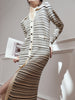 V-Neck Buttoned Striped Knit Dress