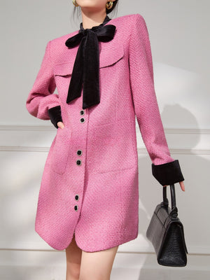 Pink Tweed Coat Dress with Velvet Trim