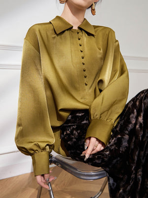 Olive Satin Blouse with Pleated Sleeves