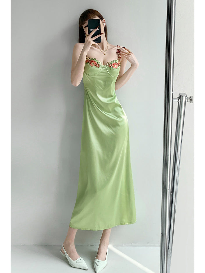 Floral Embroidered Satin Mid-Length Dress