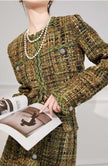 Chic Moss Green Tweed Suit Set with Skirt