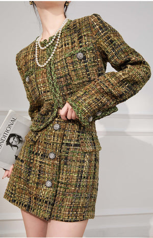 Chic Moss Green Tweed Suit Set with Skirt